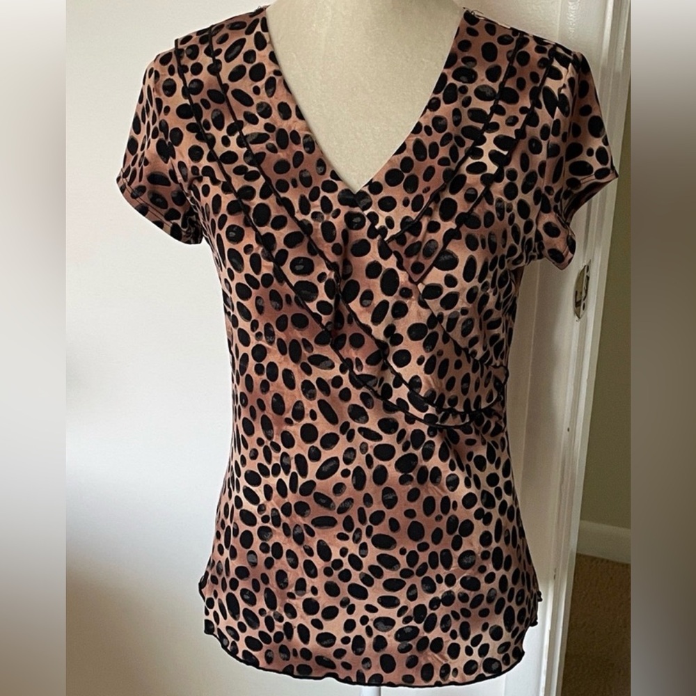 Susan Lawrence Tan and Black Leopard Print V-Neck Ruffle Front Blouse.